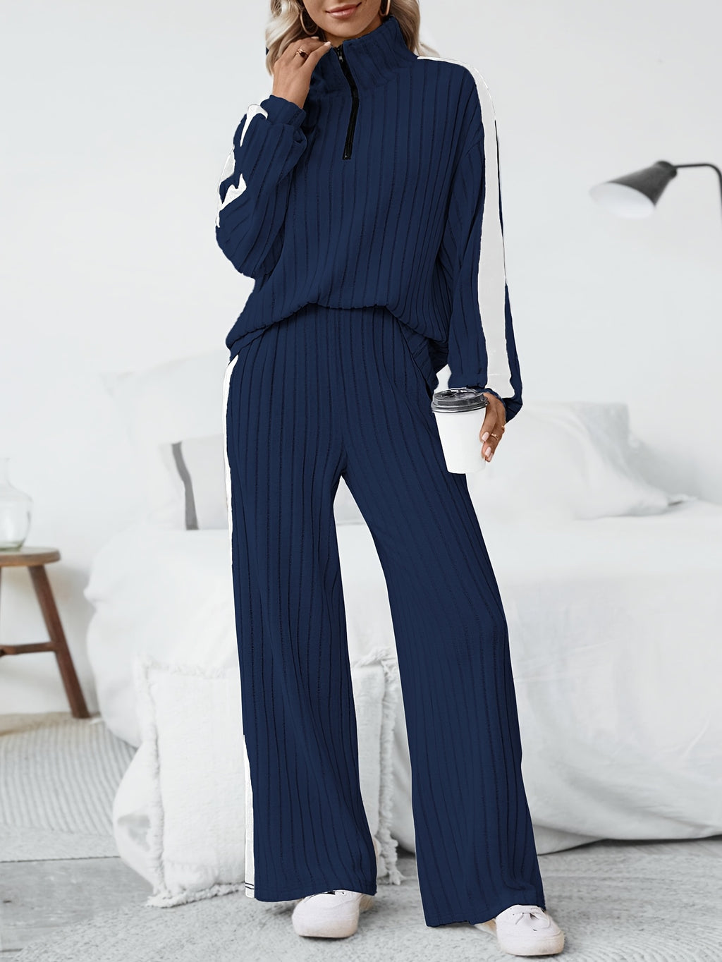 WL Boutique | Striped Collar Top &amp; Color-Block Wide-Leg Pants Set