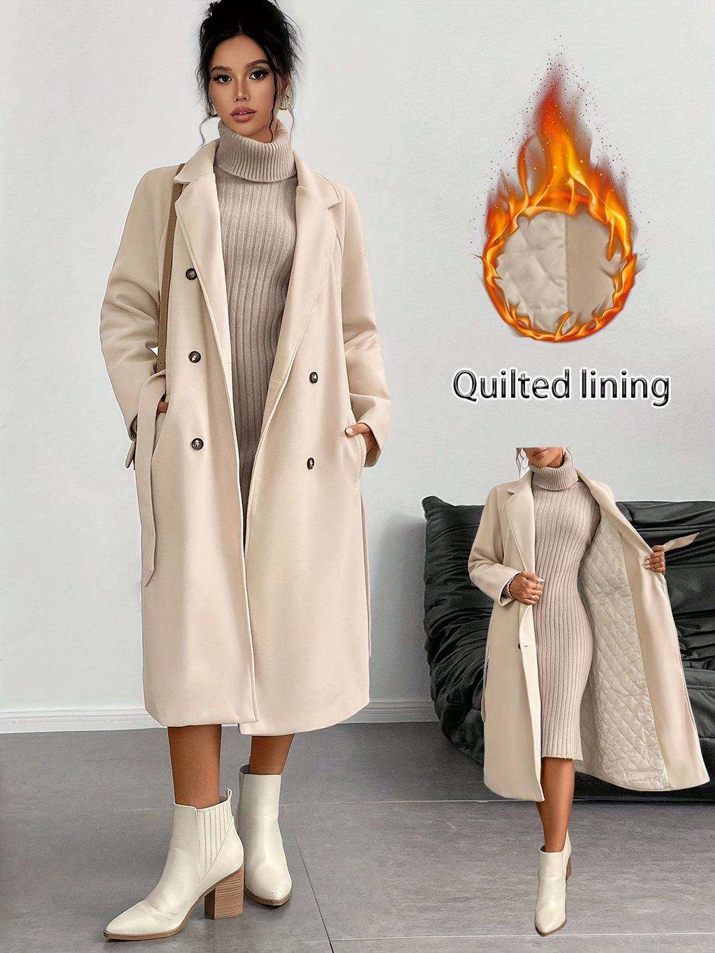 WL Boutique | Elegant Double-Breasted Long Coat with Belt