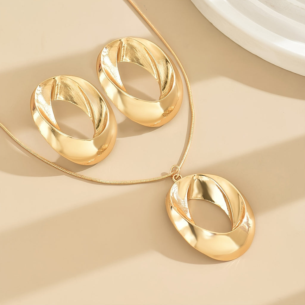 WL Boutique | Minimalist Hollow Oval Pendant Necklace &amp; Earrings Set