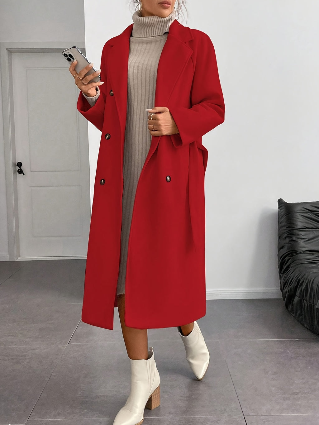 WL Boutique | Elegant Double-Breasted Long Coat with Belt