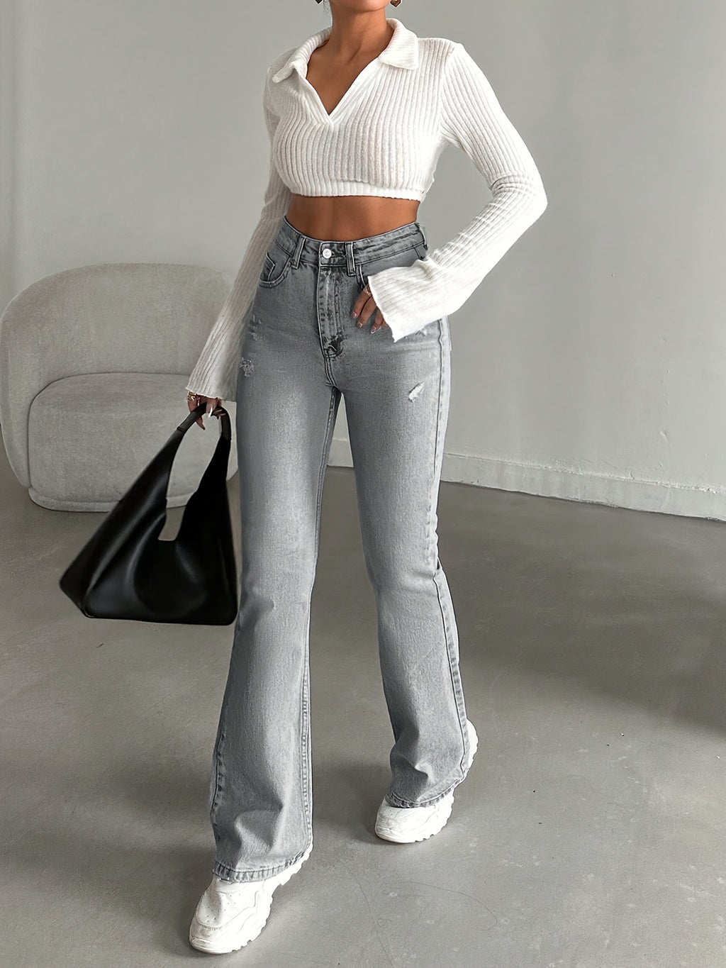 WL Boutique | High-Waisted Light Grey Distressed Bell-Bottom Jeans
