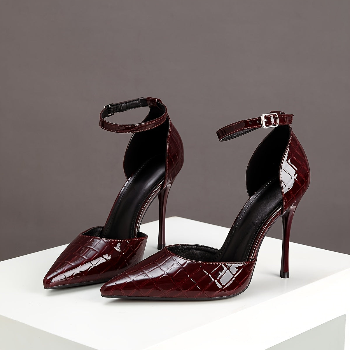WL Boutique | Burgundy Snake-Print Pointed-Toe Stiletto Heels