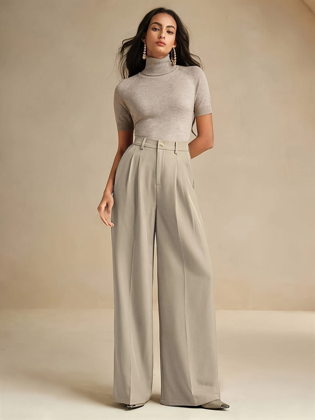WL Boutique | Elegant Beige Wide-Leg Trousers with Zipper Detail