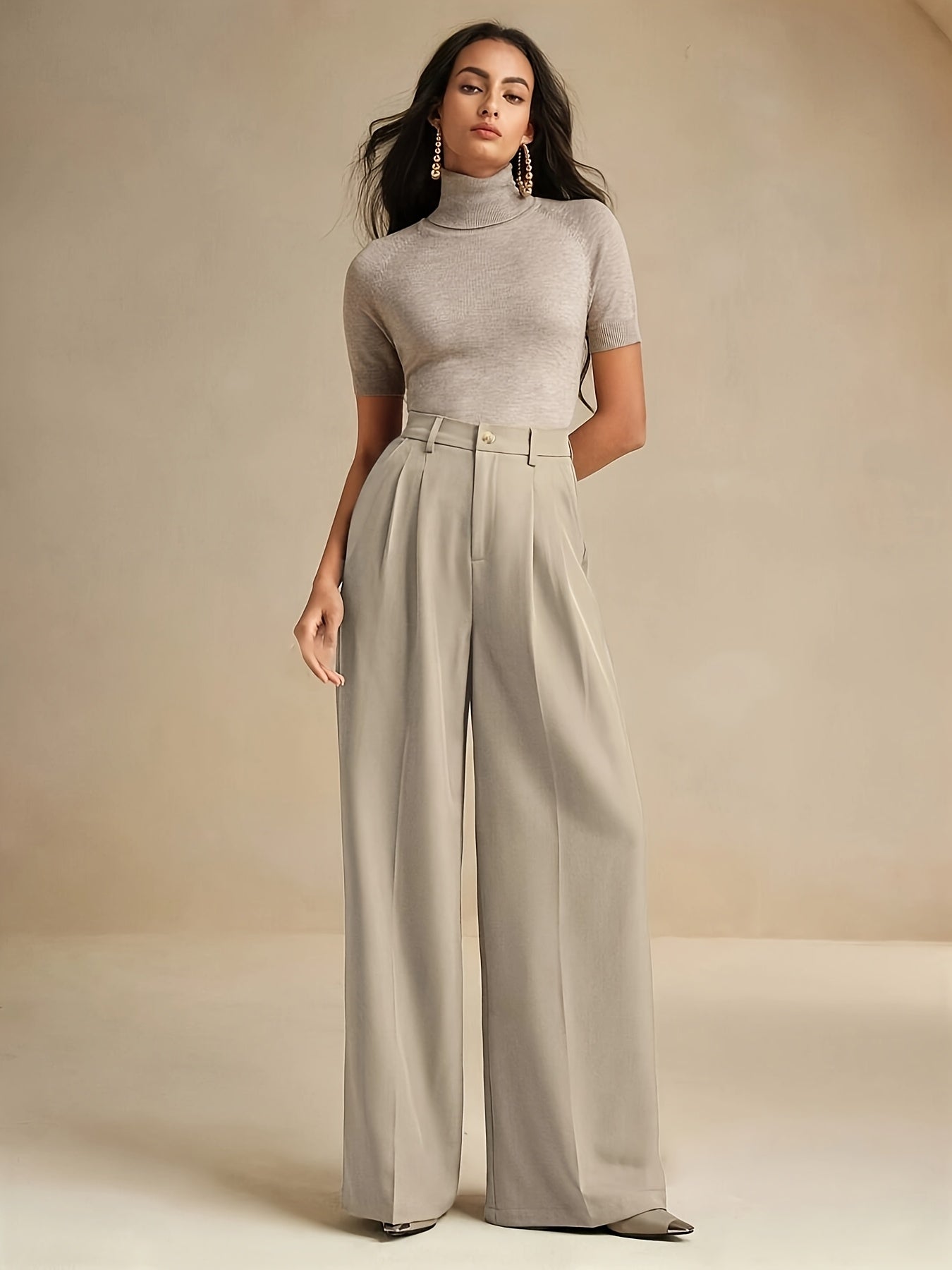 WL Boutique | Elegant Beige Wide-Leg Trousers with Zipper Detail