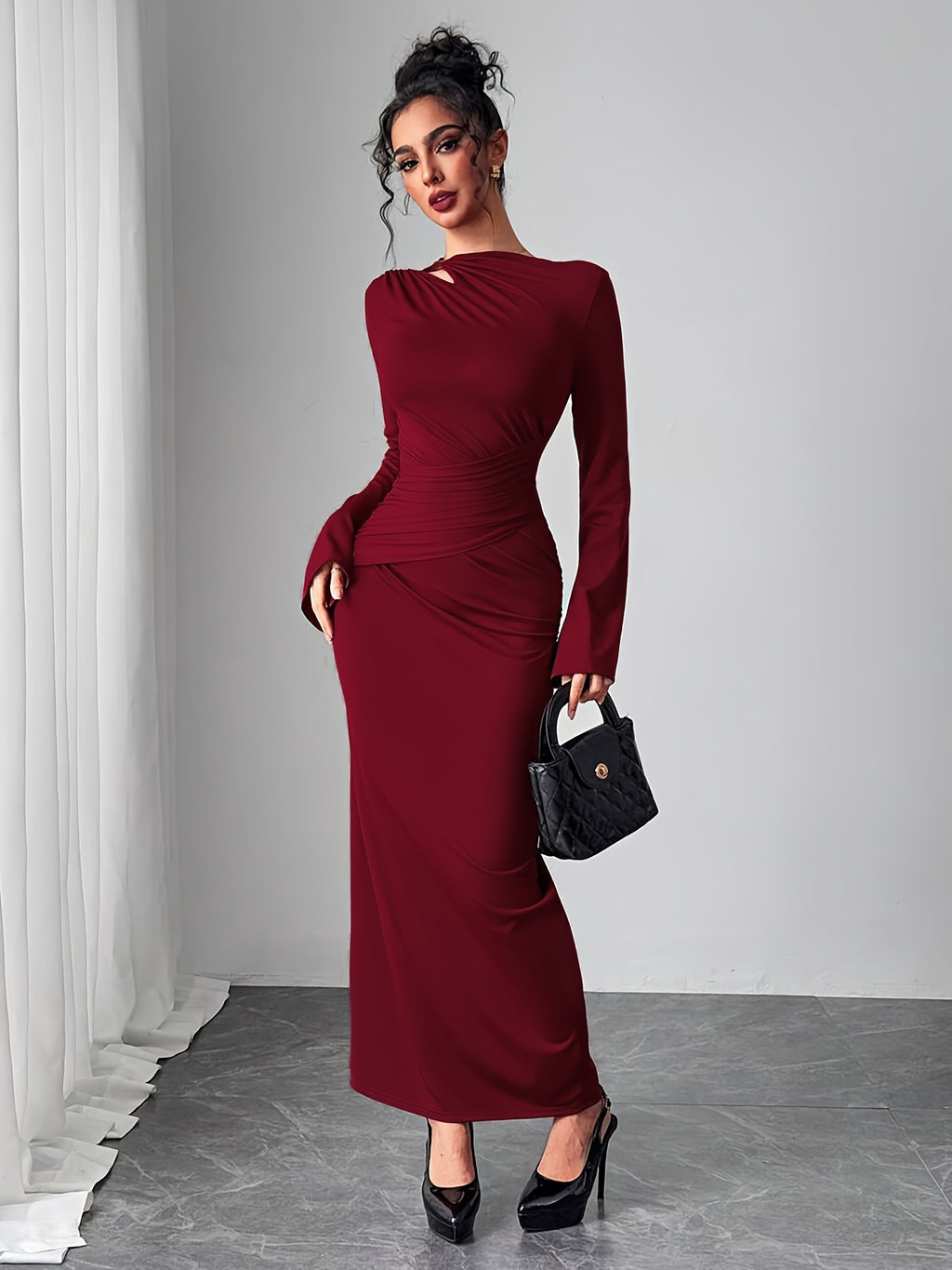 WL Boutique | Elegant Bodycon Dress with Bell Sleeves &amp; Asymmetrical Neckline
