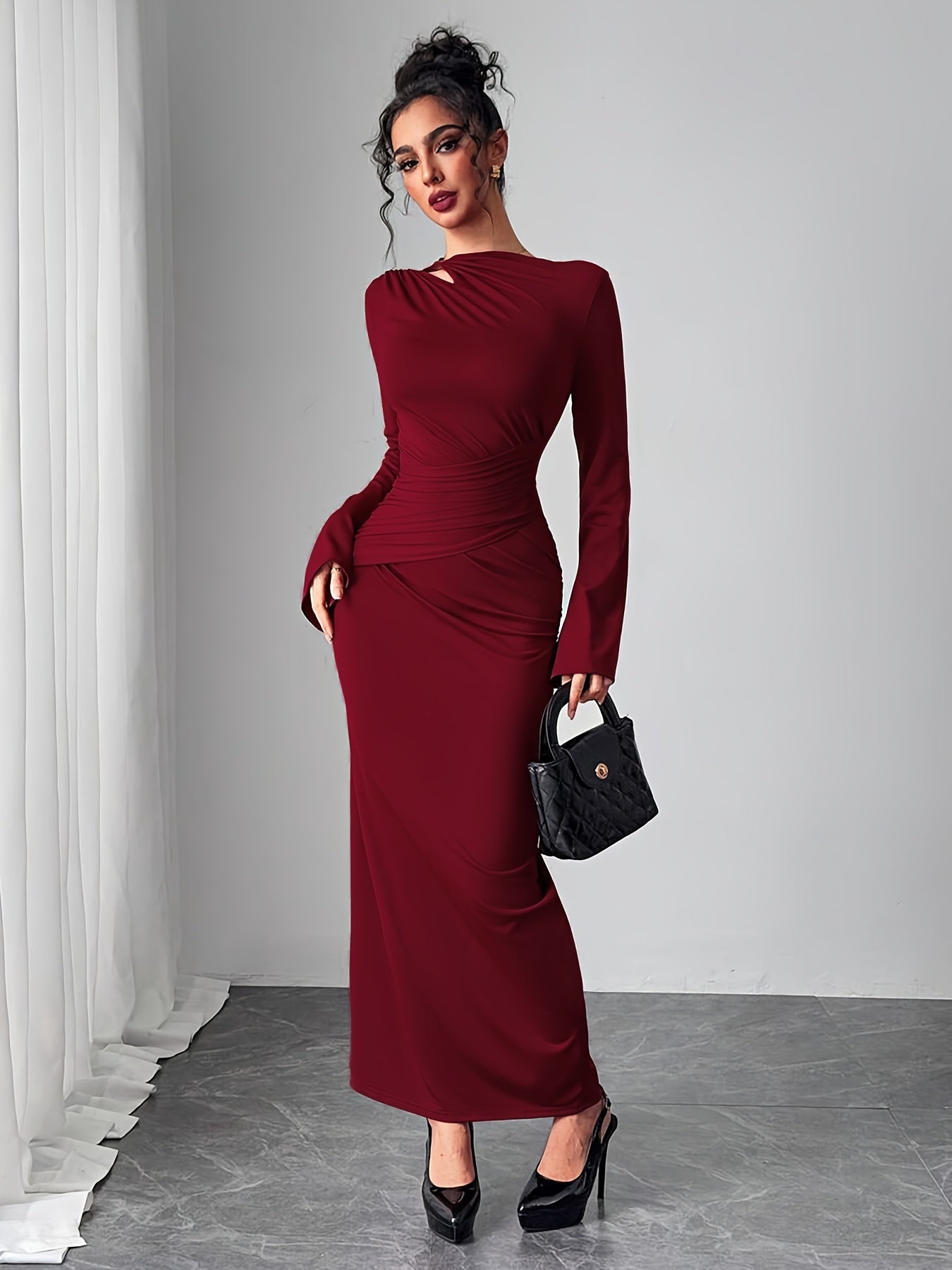 WL Boutique | Elegant Bodycon Dress with Bell Sleeves &amp; Asymmetrical Neckline