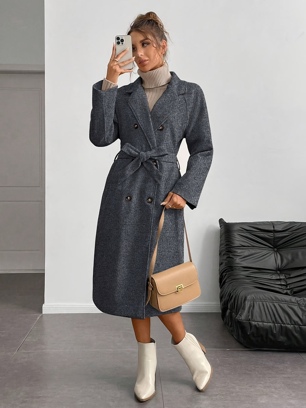 WL Boutique | Elegant Double-Breasted Long Coat with Belt