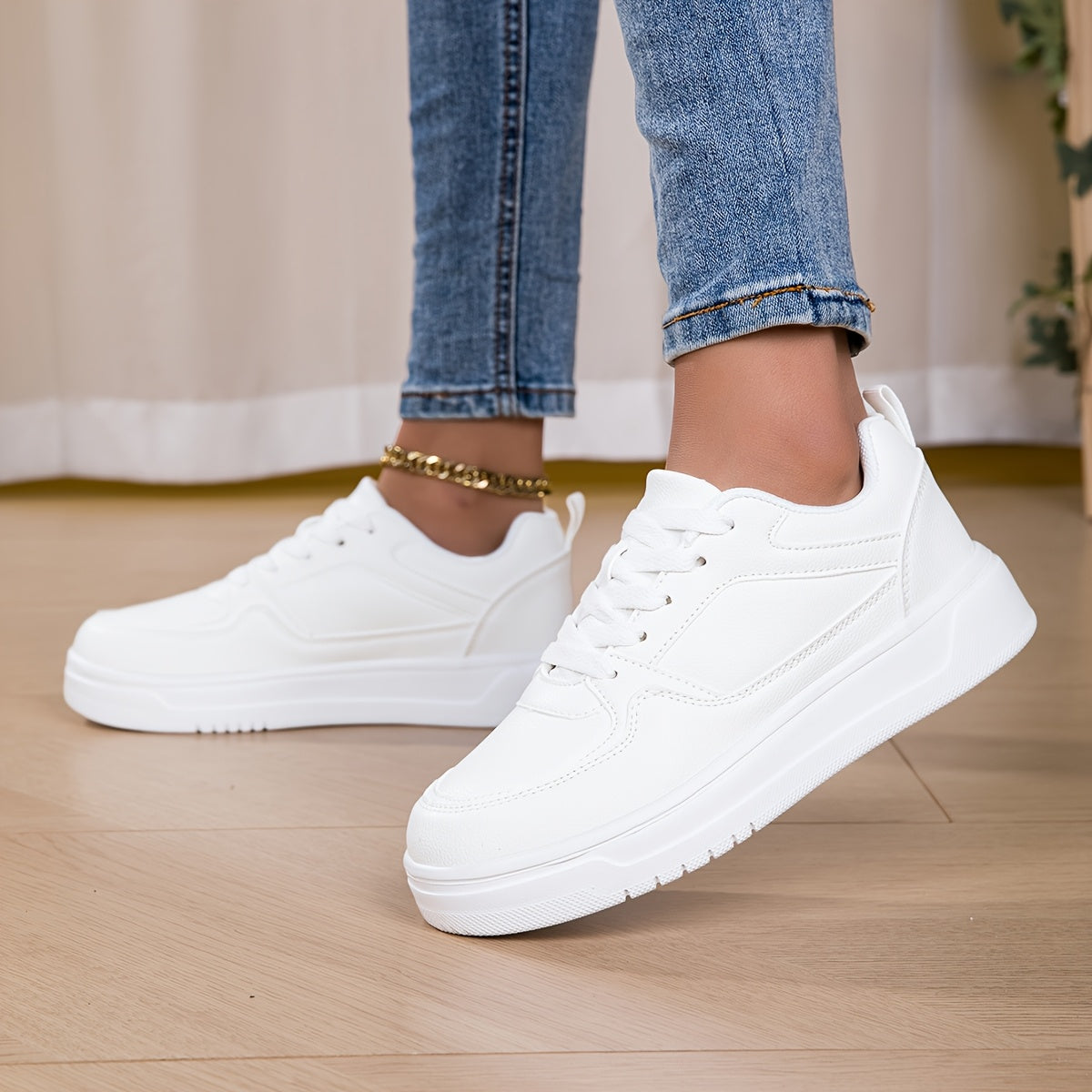 WL Boutique | White Platform Sneakers with Golden Ankle Strap