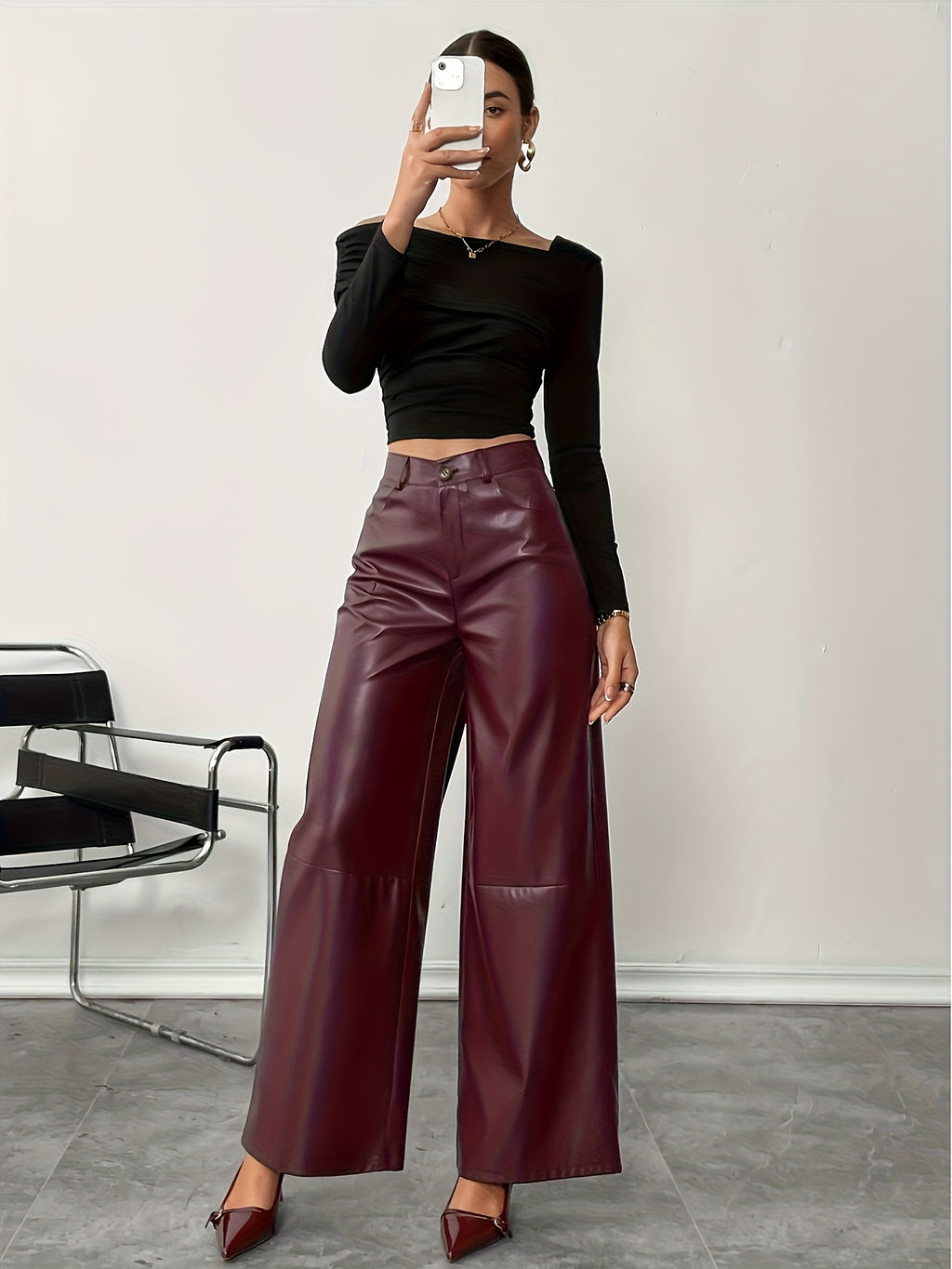 Bruna Aeppli by WL Boutique | Burgundy PU Wide-Leg Pants – Contemporary Elegance for Every Occasion