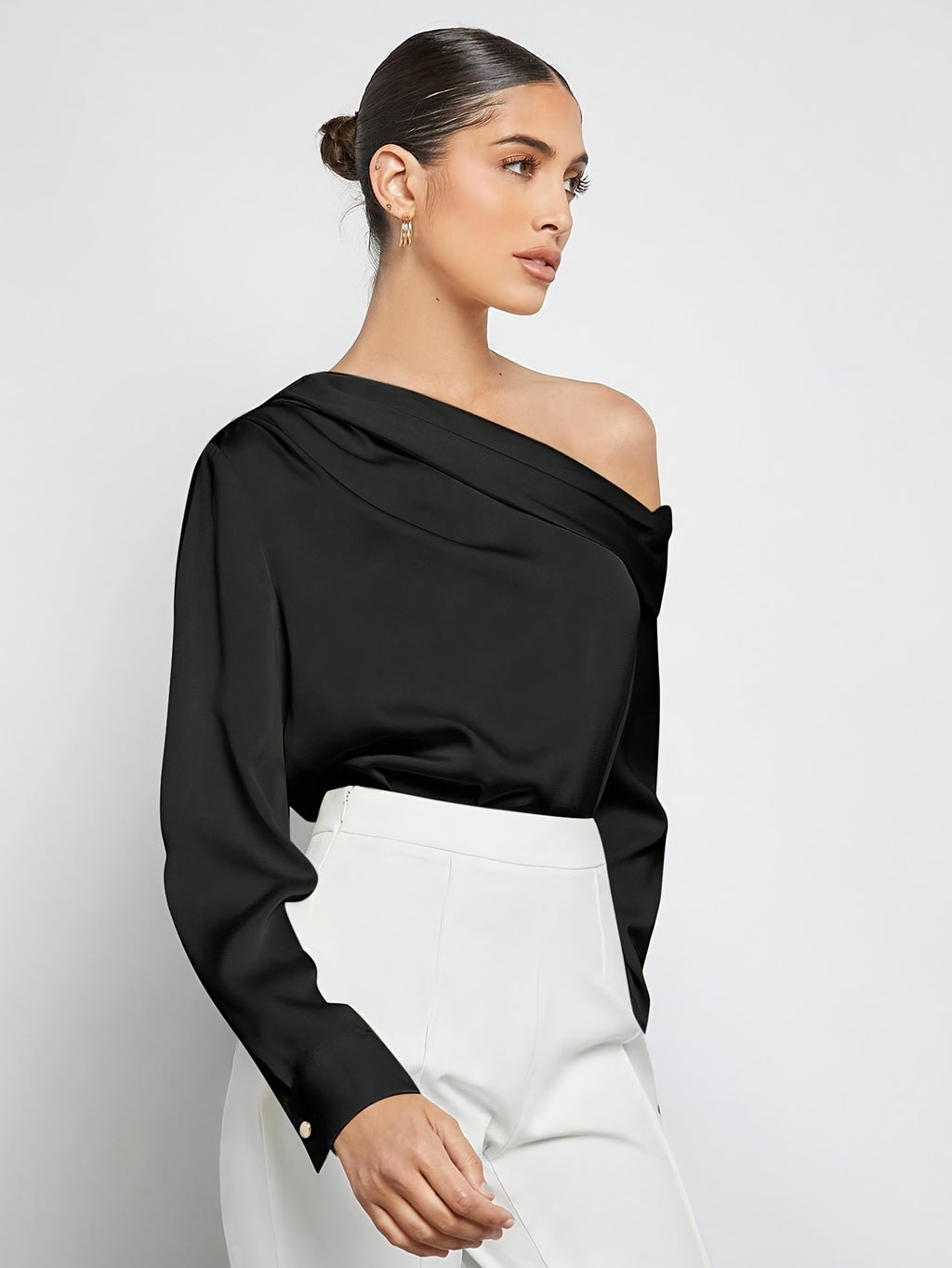 Bruna Aeppli by WL Boutique | Asymmetrical Pleated Satin Shirt – Effortless Urban Elegance