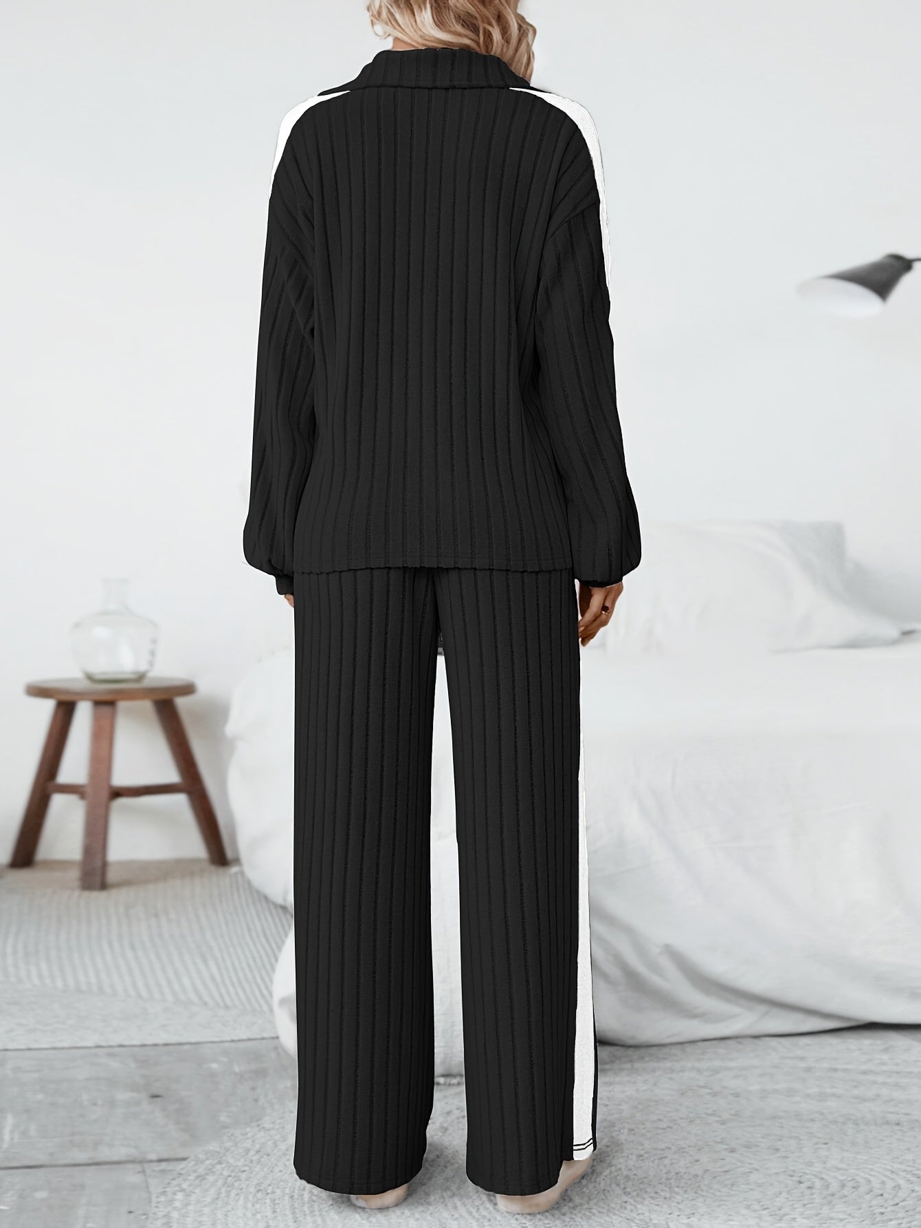 WL Boutique | Striped Collar Top &amp; Color-Block Wide-Leg Pants Set