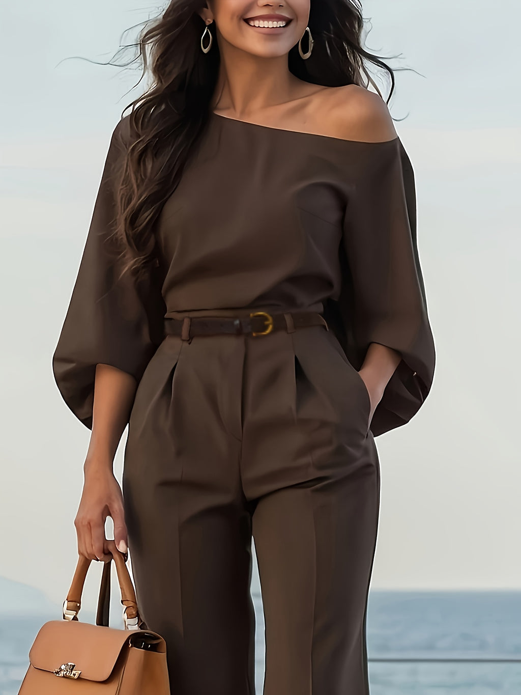 Bruna Aeppli by WL Boutique | Elegant Off-Shoulder Balloon Sleeve Blouse &amp; Wide-Leg Pants Set