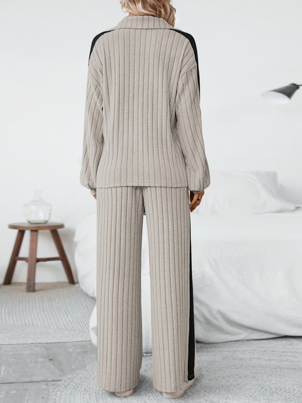 WL Boutique | Striped Collar Top &amp; Color-Block Wide-Leg Pants Set