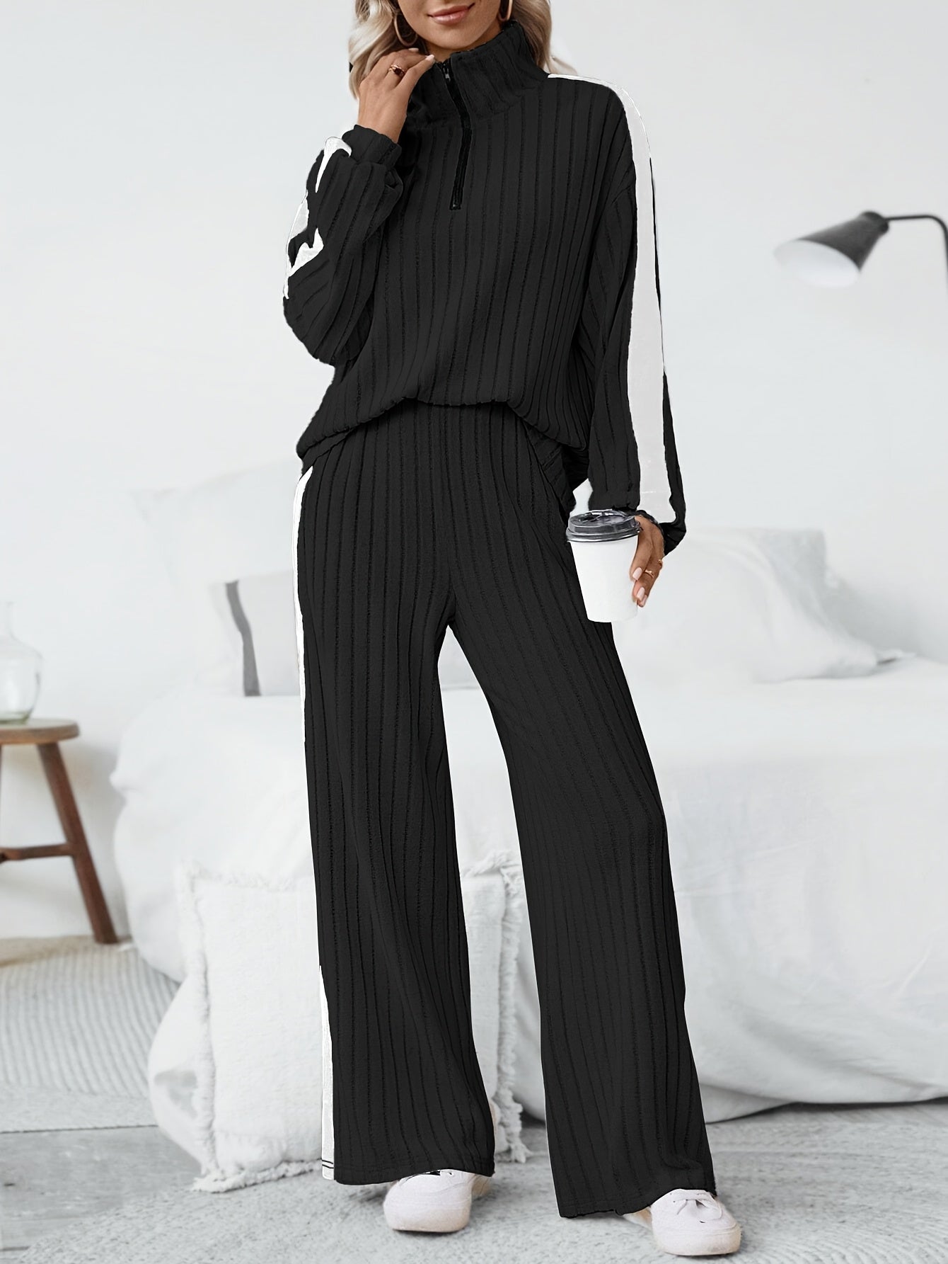 WL Boutique | Striped Collar Top &amp; Color-Block Wide-Leg Pants Set