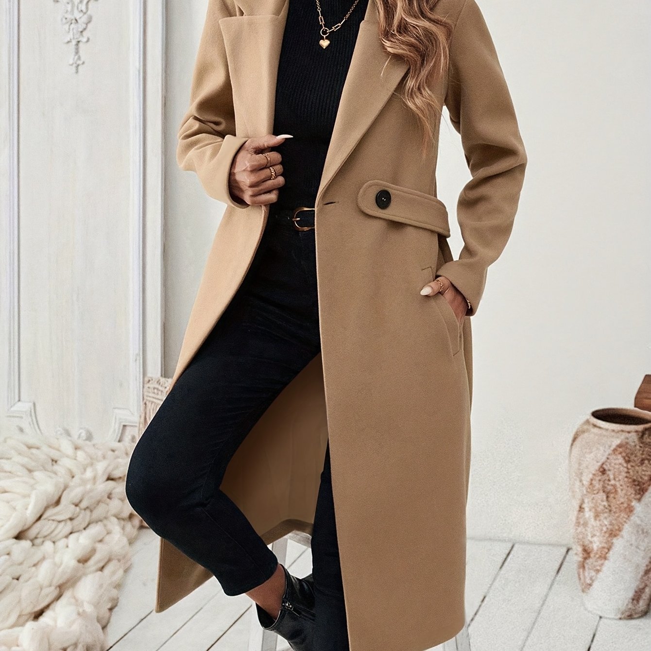 WL Boutique | Elegant Long Black Tweed Coat with Belt