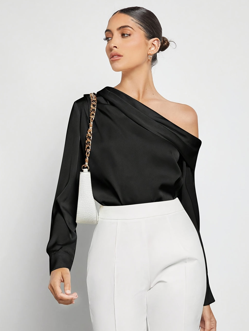 Bruna Aeppli by WL Boutique | Asymmetrical Pleated Satin Shirt – Effortless Urban Elegance