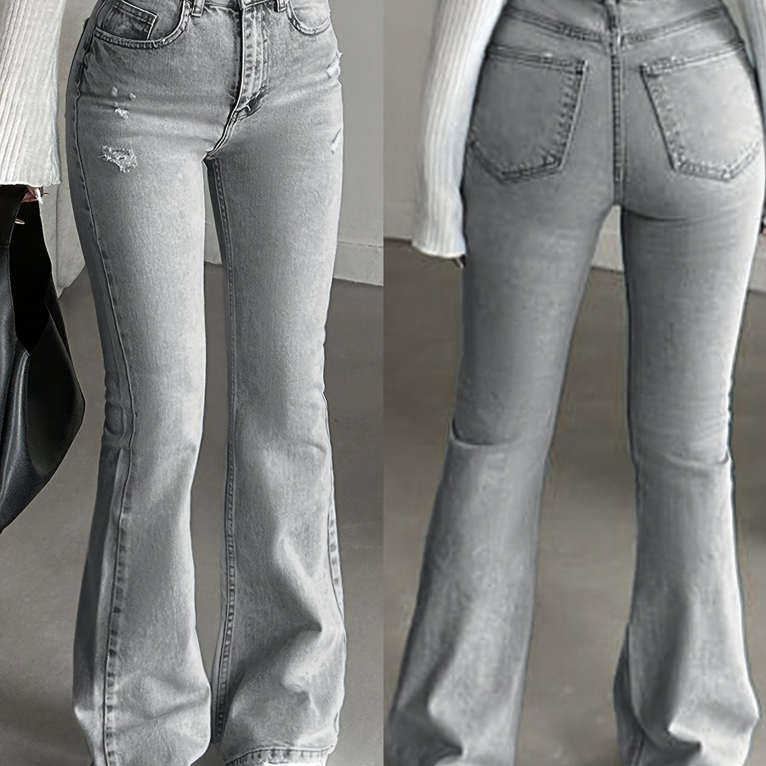 WL Boutique | High-Waisted Light Grey Distressed Bell-Bottom Jeans