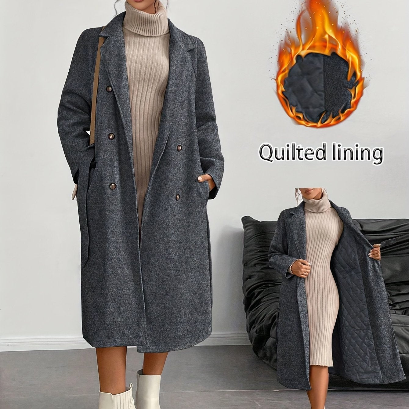 WL Boutique | Elegant Double-Breasted Long Coat with Belt