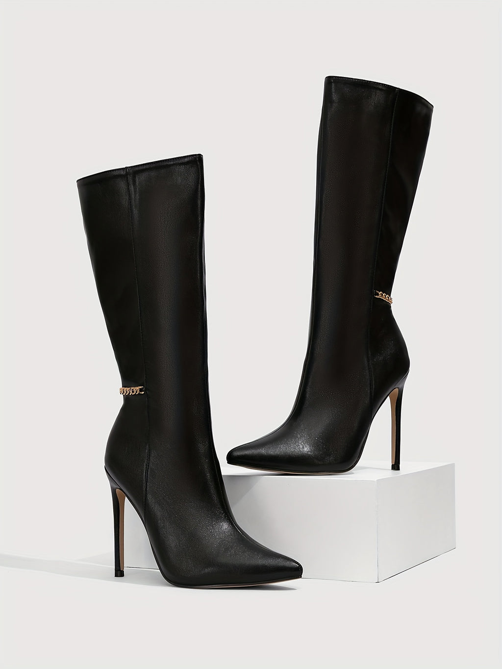 WL Boutique | Black Pointed-Toe Stiletto Ankle Boots with Golden Zipper
