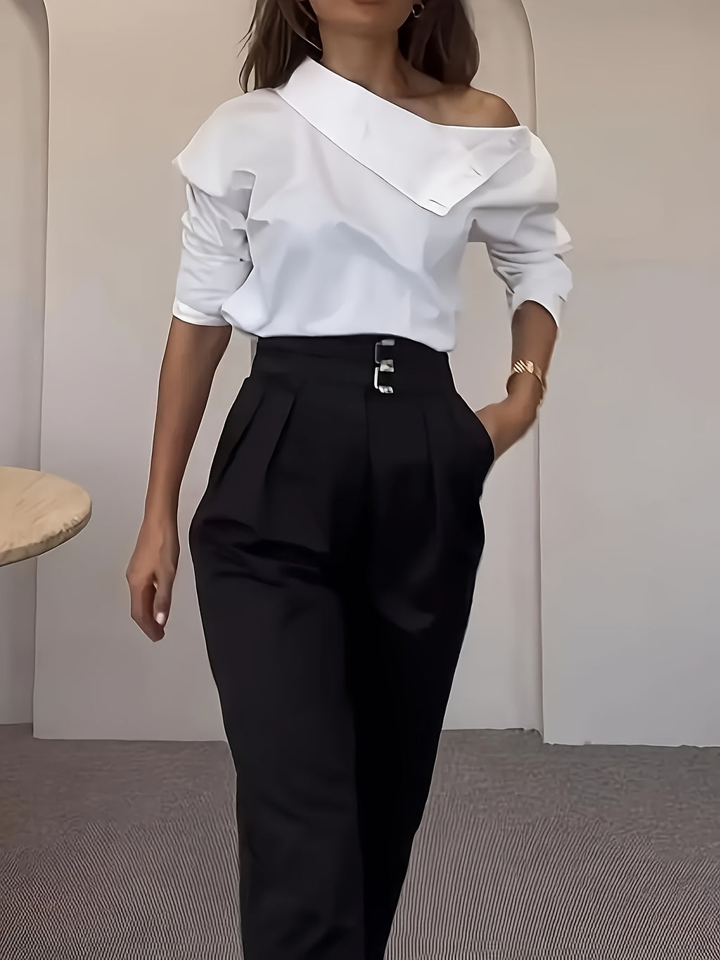Bruna Aeppli by WL Boutique | Elegant Off-Shoulder High-Neck Blouse with Button Cuffs