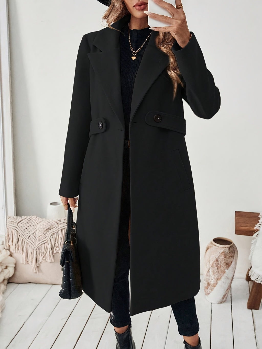 WL Boutique | Elegant Long Black Tweed Coat with Belt