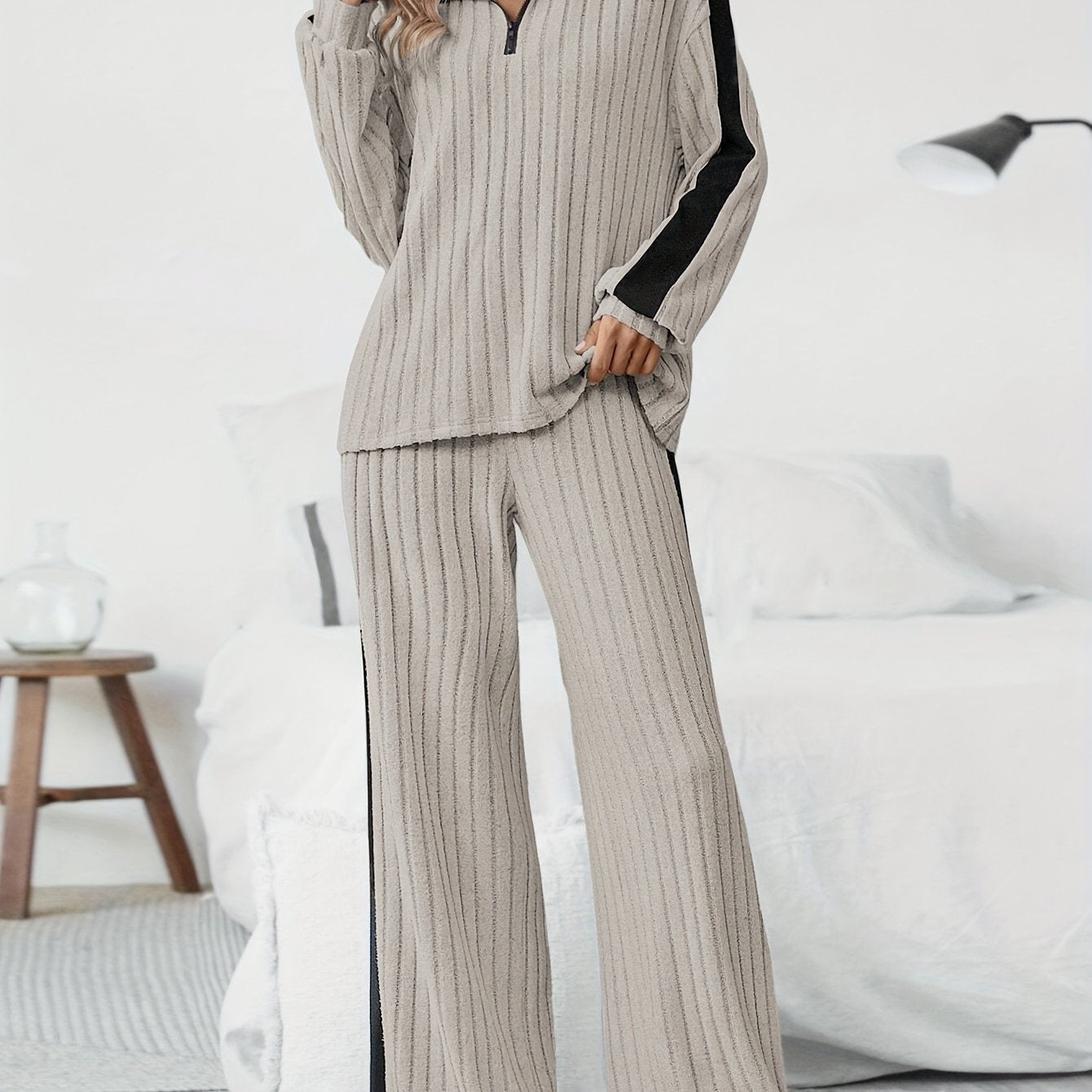 WL Boutique | Striped Collar Top &amp; Color-Block Wide-Leg Pants Set