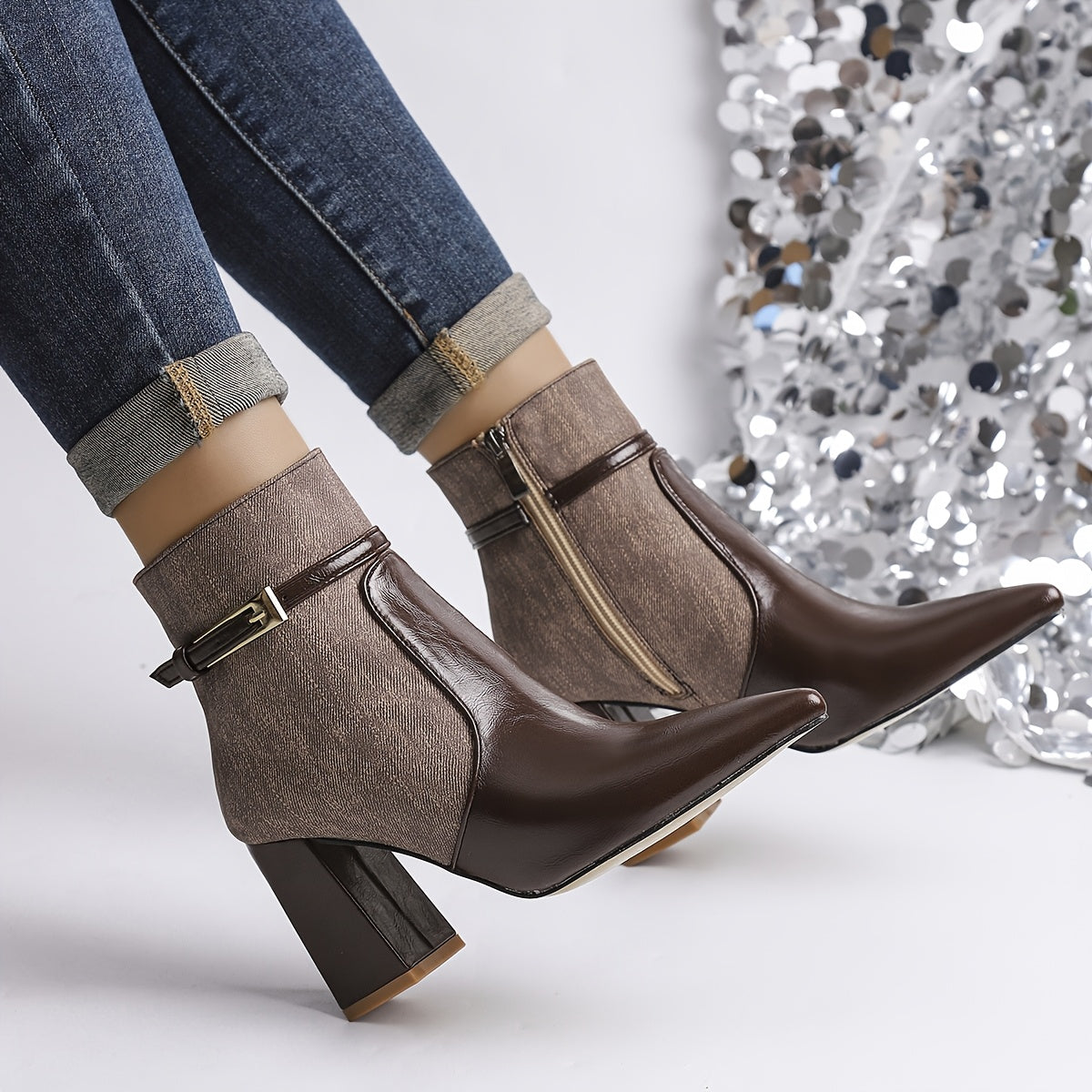 WL Boutique | Retro Chunky Heel Ankle Boots – Elegant Brown Pointed-Toe Design