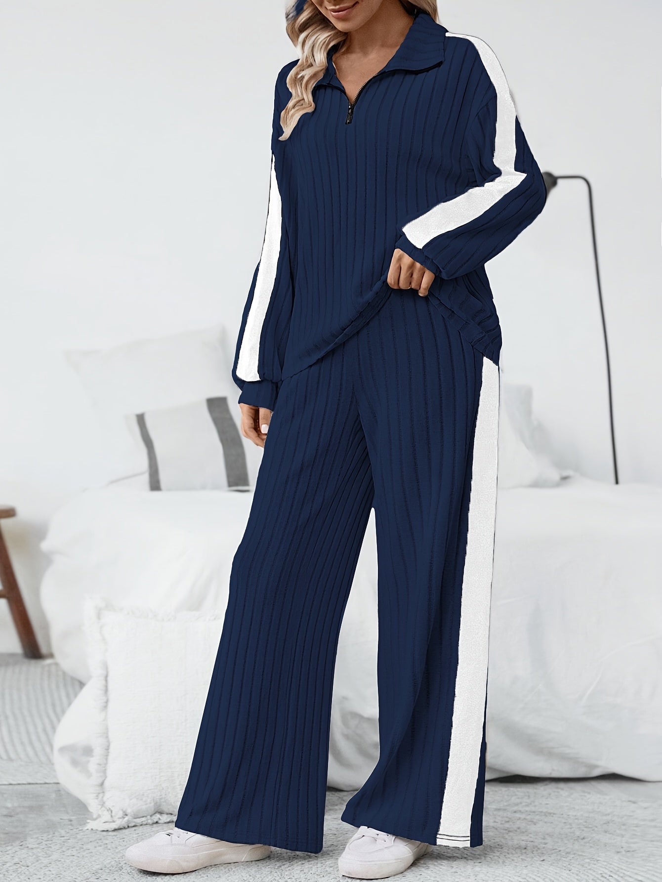 WL Boutique | Striped Collar Top &amp; Color-Block Wide-Leg Pants Set