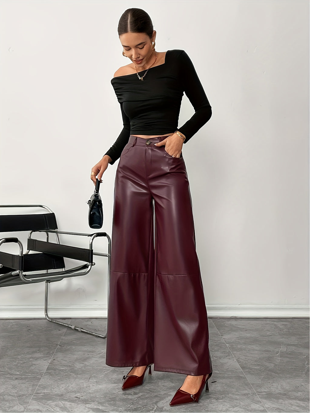 Bruna Aeppli by WL Boutique | Burgundy PU Wide-Leg Pants – Contemporary Elegance for Every Occasion