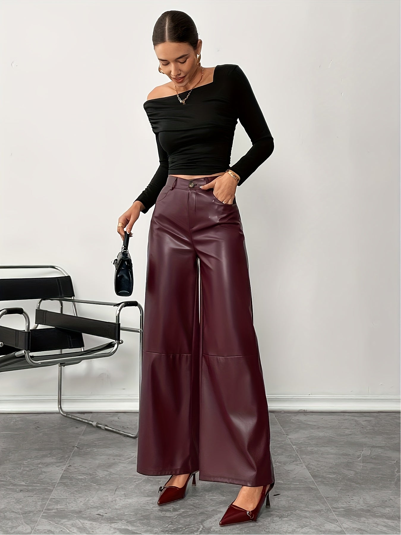 Bruna Aeppli by WL Boutique | Burgundy PU Wide-Leg Pants – Contemporary Elegance for Every Occasion