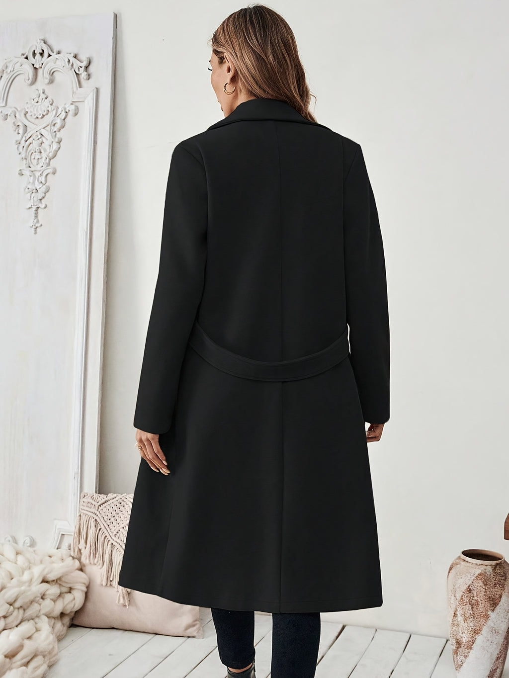 WL Boutique | Elegant Long Black Tweed Coat with Belt