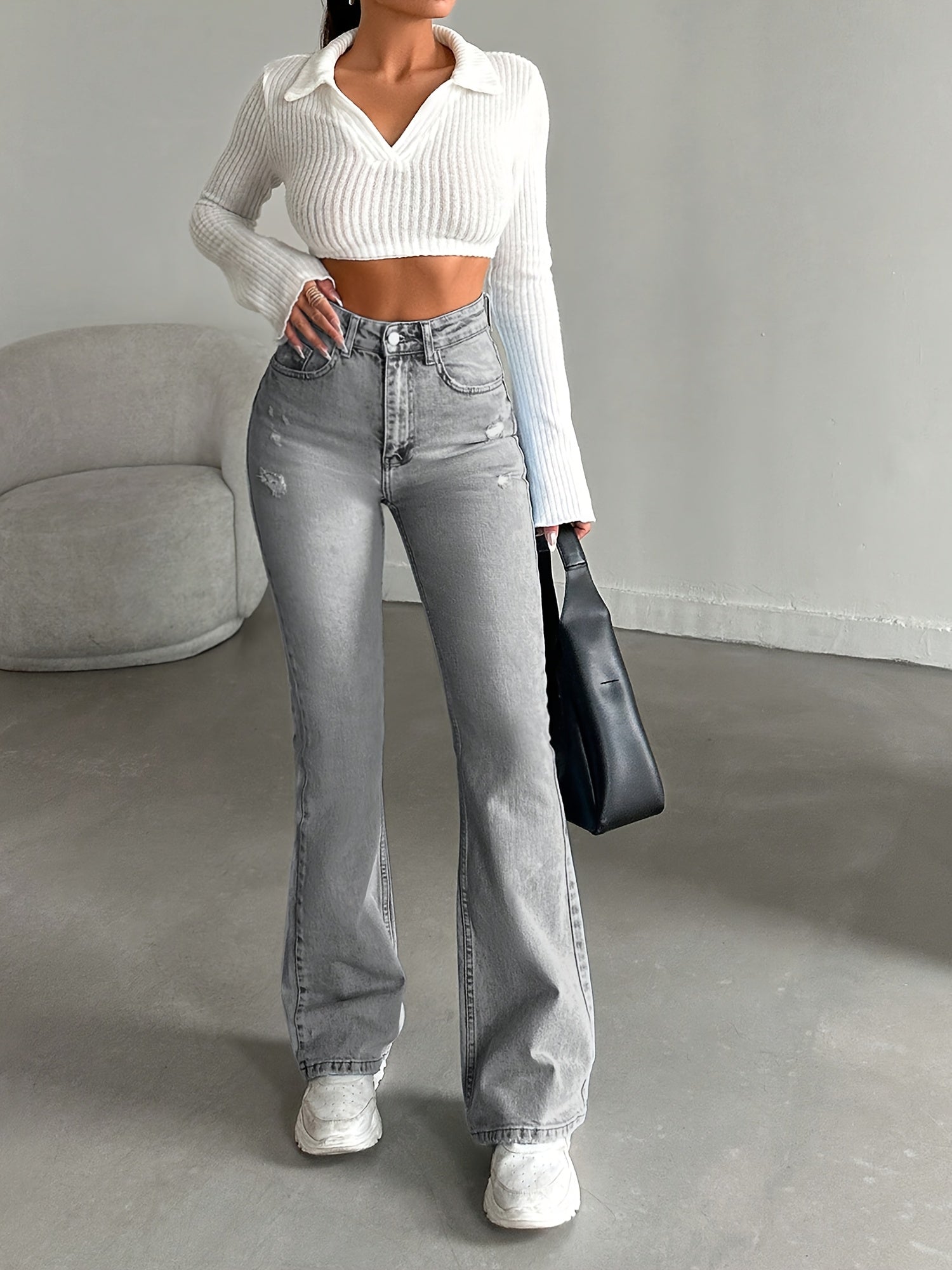 WL Boutique | High-Waisted Light Grey Distressed Bell-Bottom Jeans
