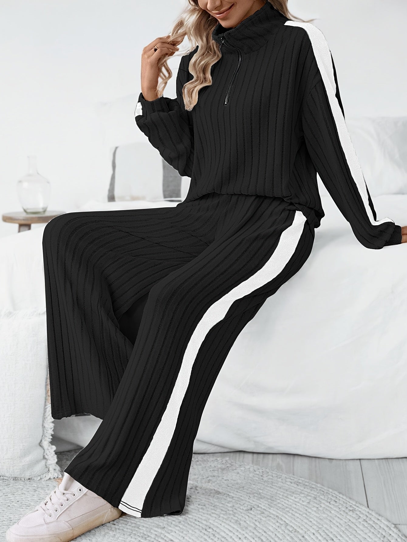 WL Boutique | Striped Collar Top &amp; Color-Block Wide-Leg Pants Set