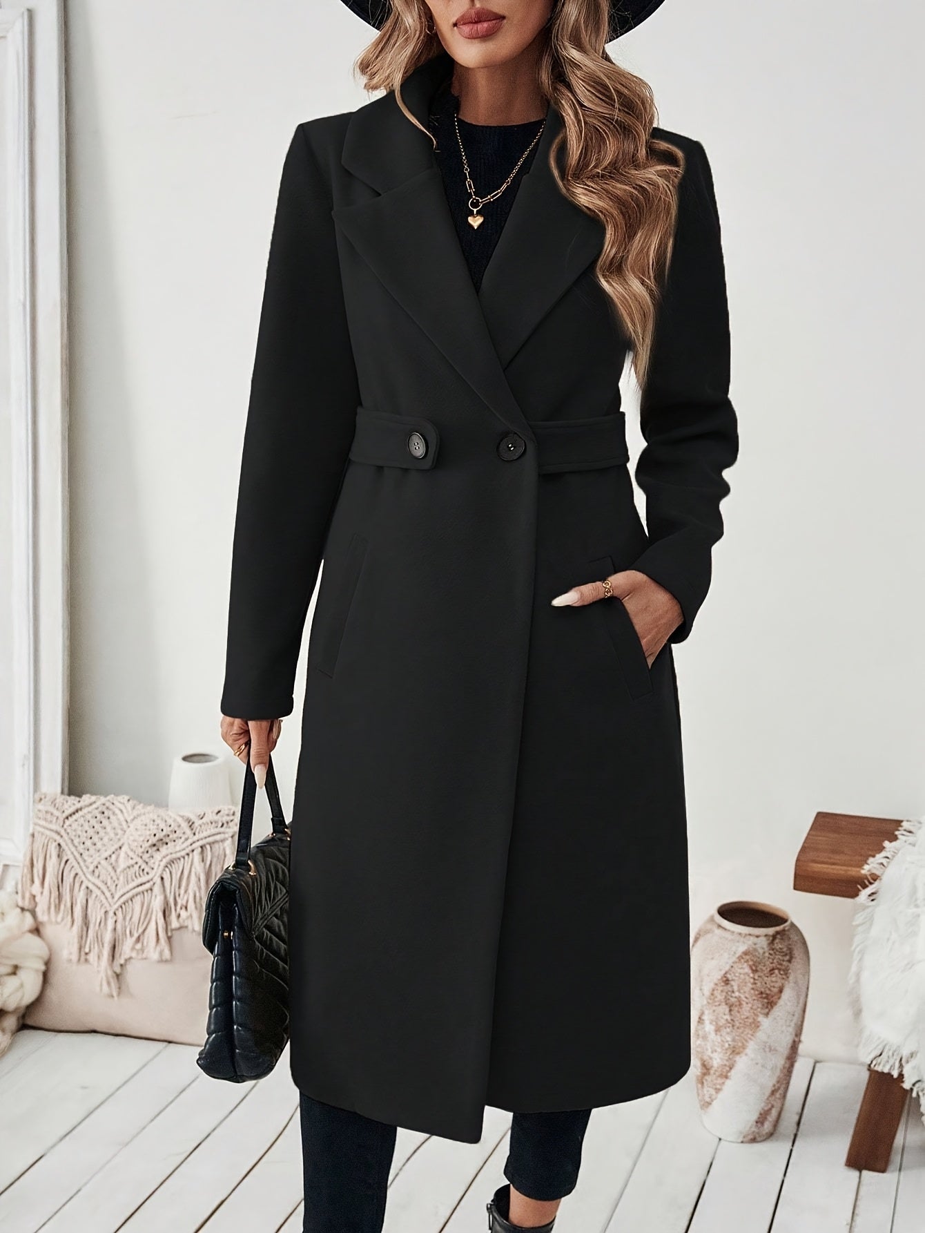 WL Boutique | Elegant Long Black Tweed Coat with Belt