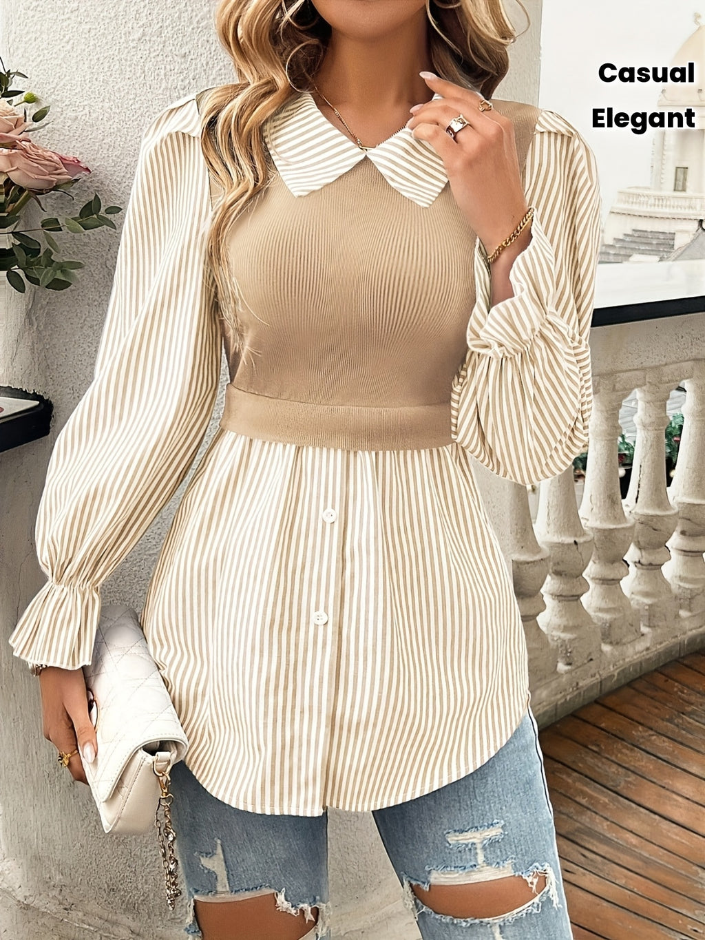 Classic Beige Button-Up Blouse for Autumn Elegance