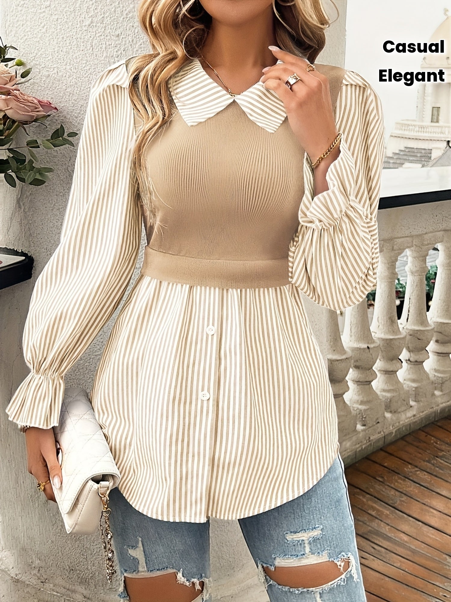 Classic Beige Button-Up Blouse for Autumn Elegance