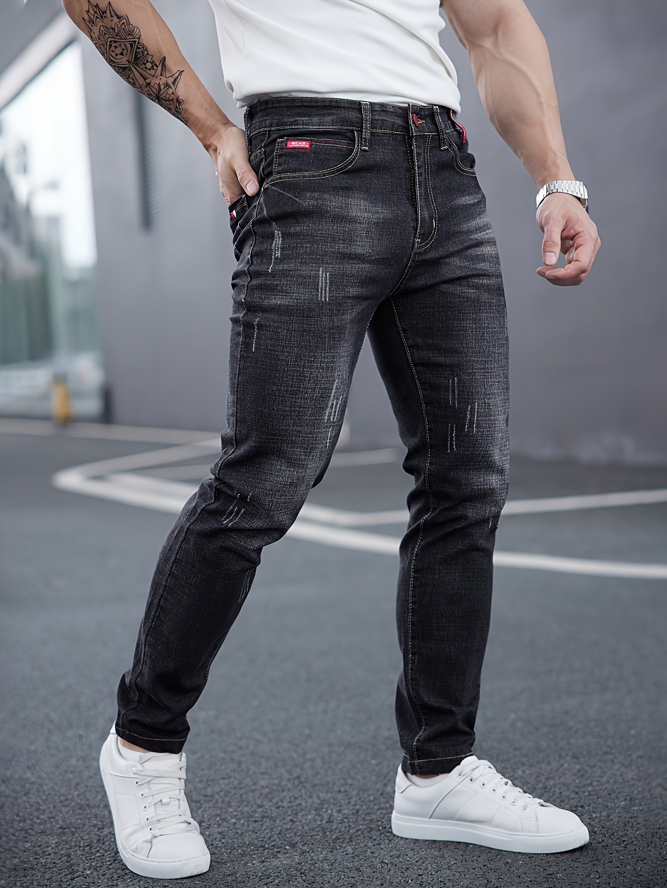 WL Boutique Men | Slim-Fit Light Wash Faux Denim with Embroidered Detail