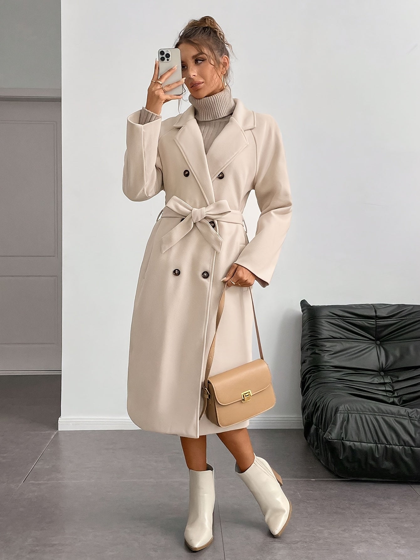 WL Boutique | Elegant Double-Breasted Long Coat with Belt