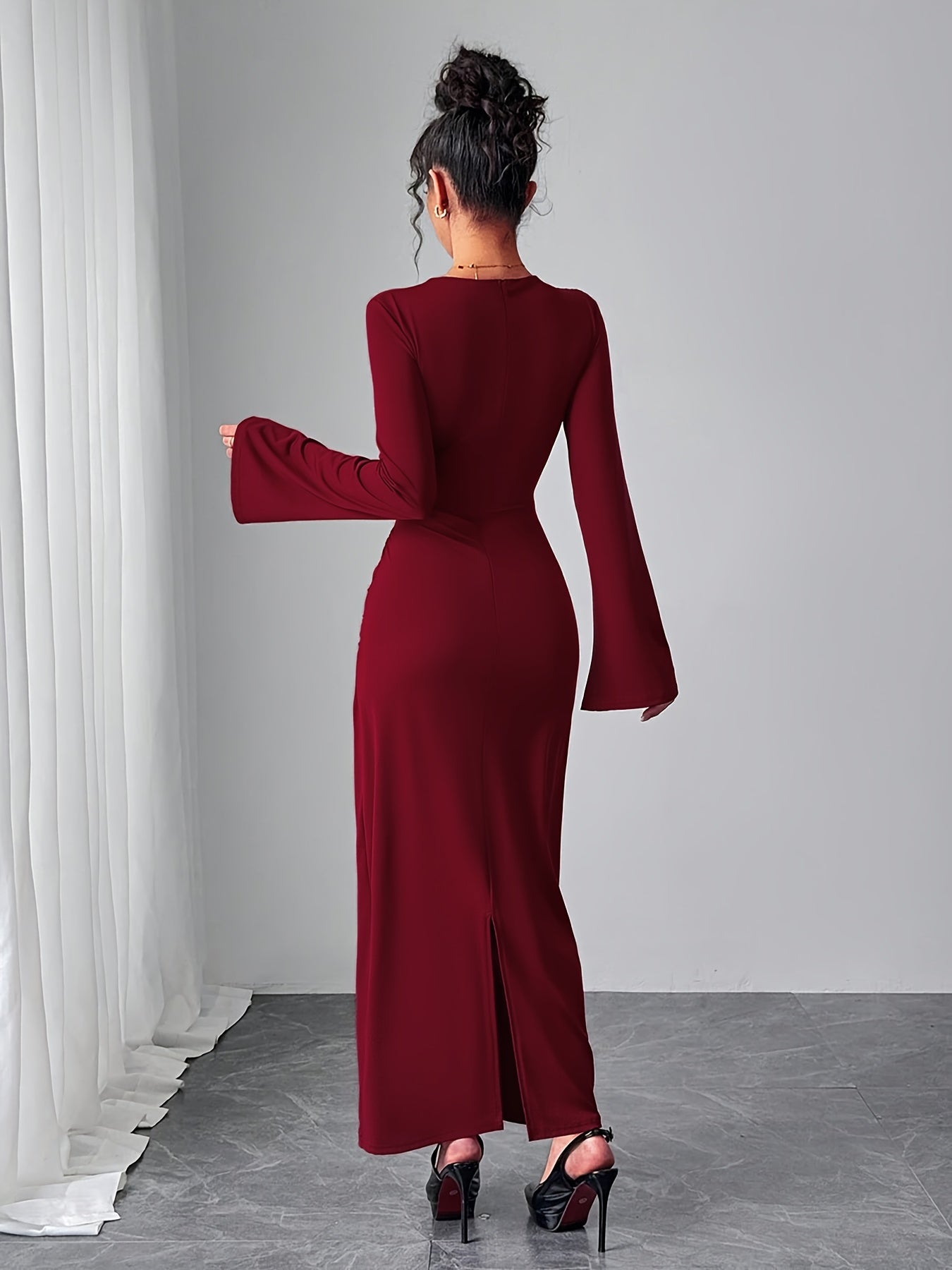 WL Boutique | Elegant Bodycon Dress with Bell Sleeves &amp; Asymmetrical Neckline