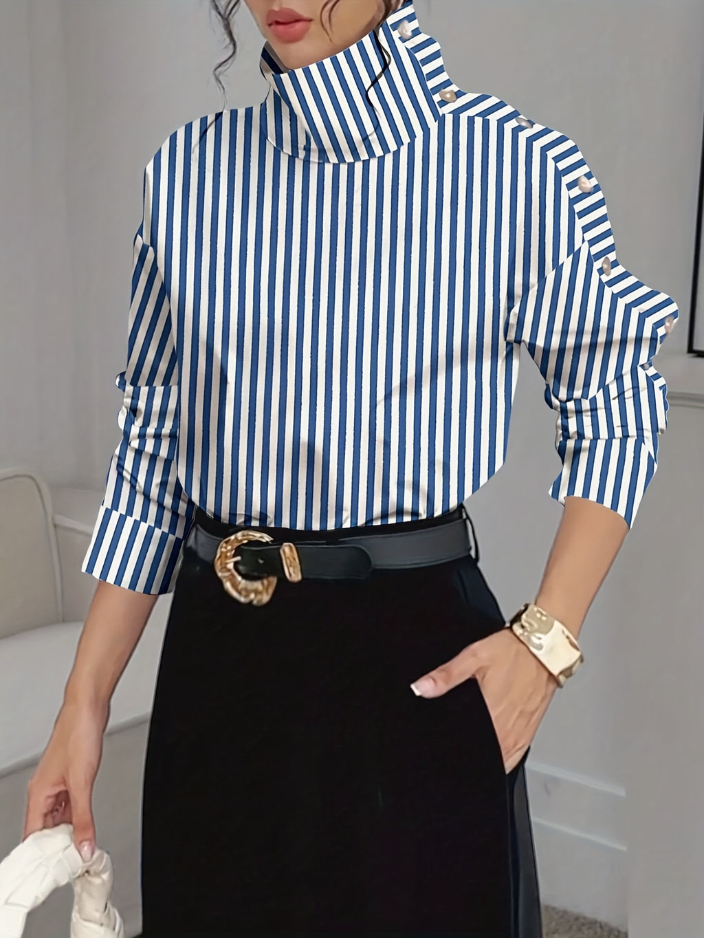 Bruna Aeppli by WL Boutique | Elegant Off-Shoulder High-Neck Blouse with Button Cuffs