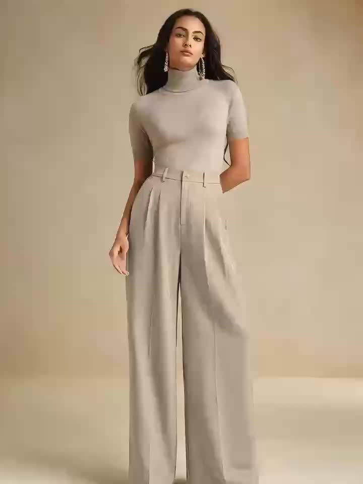 WL Boutique | Elegant Beige Wide-Leg Trousers with Zipper Detail