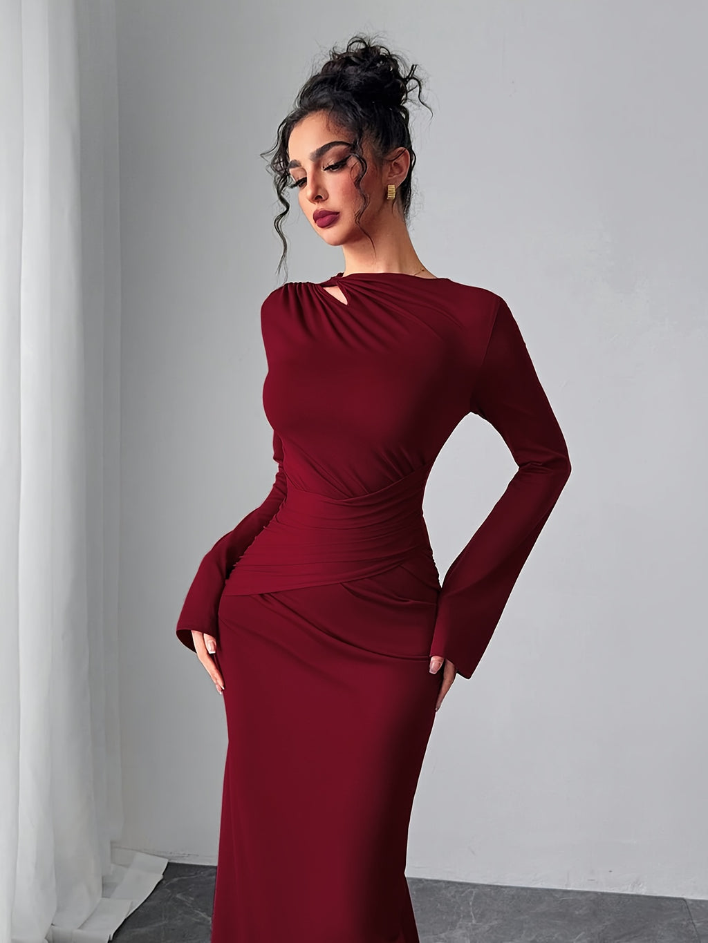 WL Boutique | Elegant Bodycon Dress with Bell Sleeves &amp; Asymmetrical Neckline