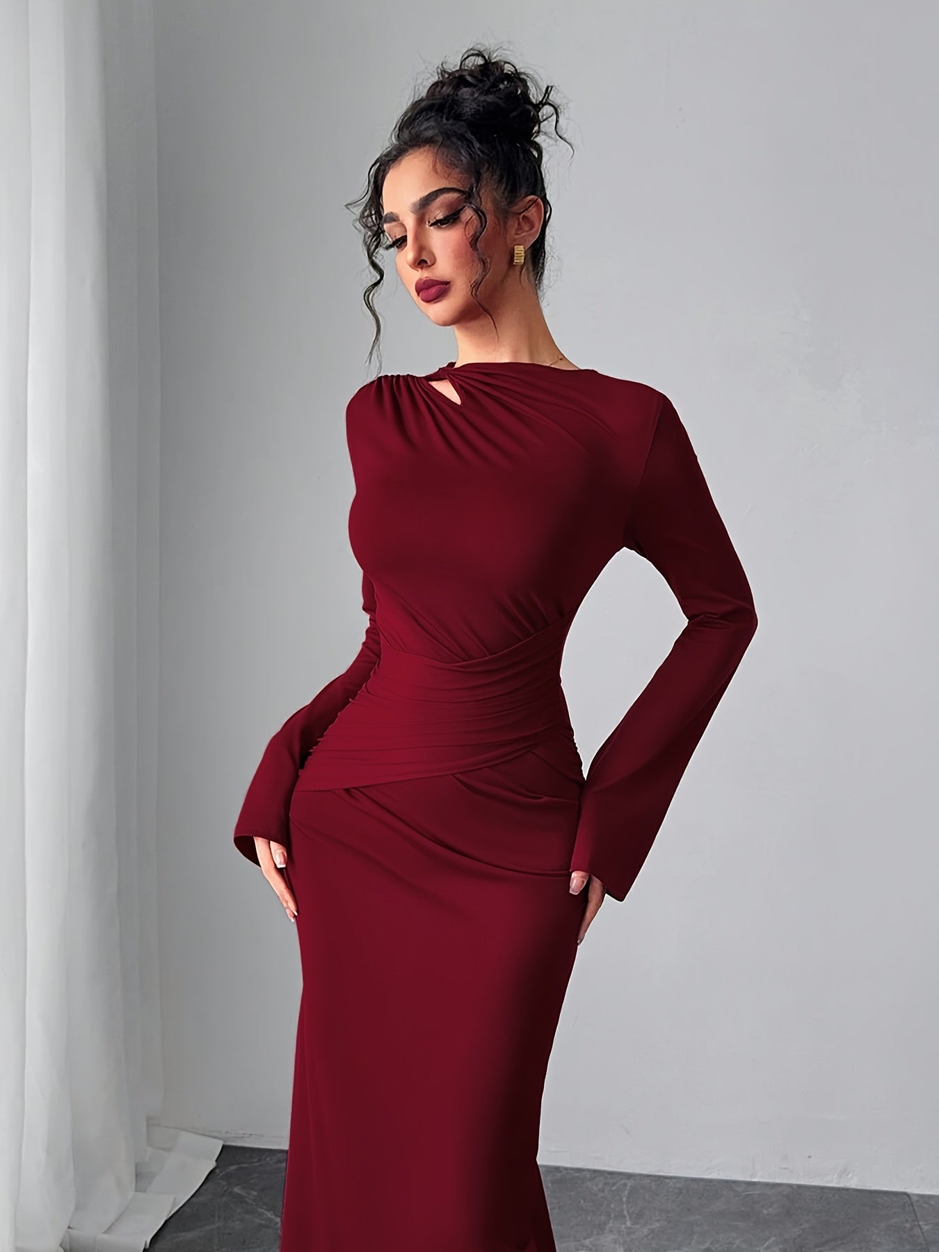 WL Boutique | Elegant Bodycon Dress with Bell Sleeves &amp; Asymmetrical Neckline