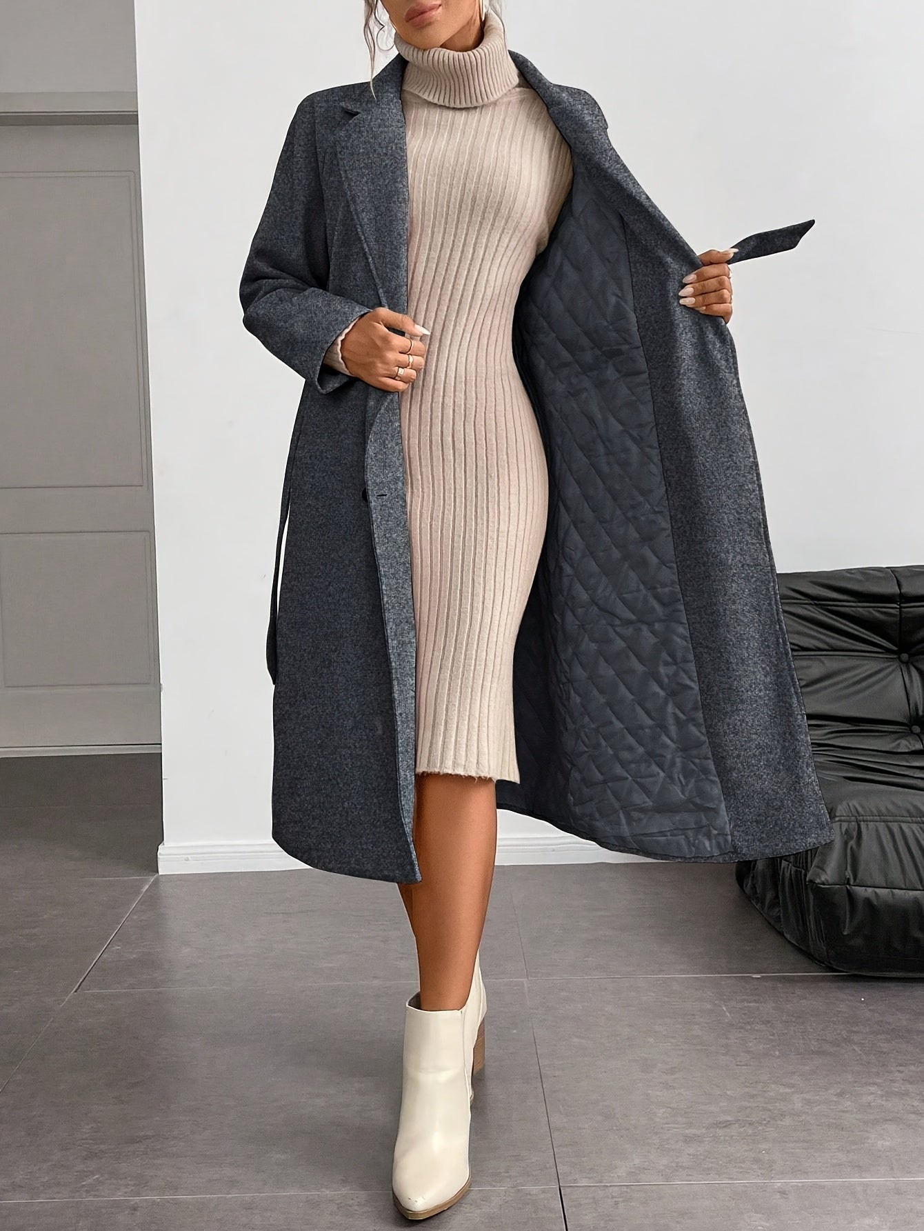 WL Boutique | Elegant Double-Breasted Long Coat with Belt