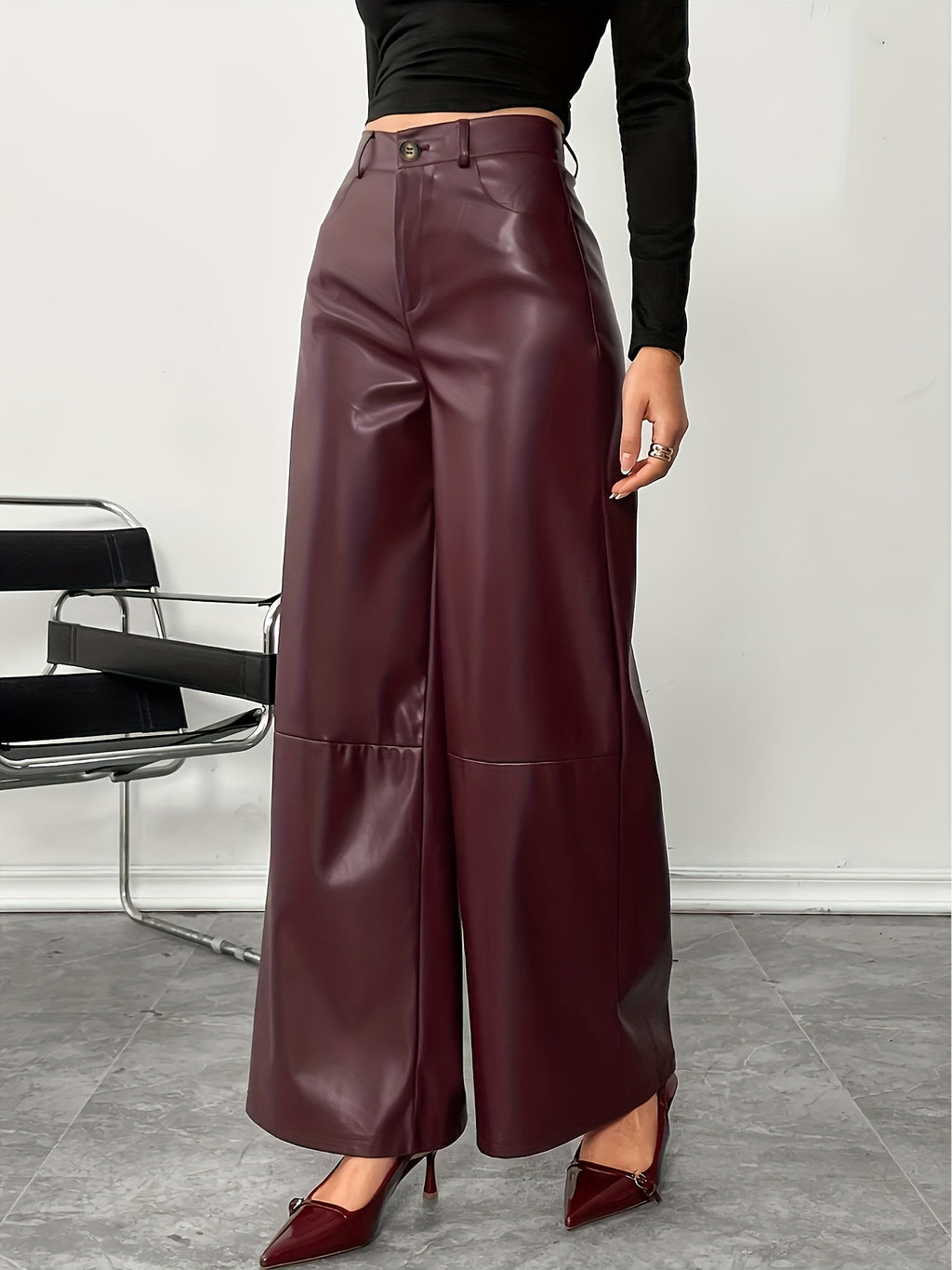 Bruna Aeppli by WL Boutique | Burgundy PU Wide-Leg Pants – Contemporary Elegance for Every Occasion