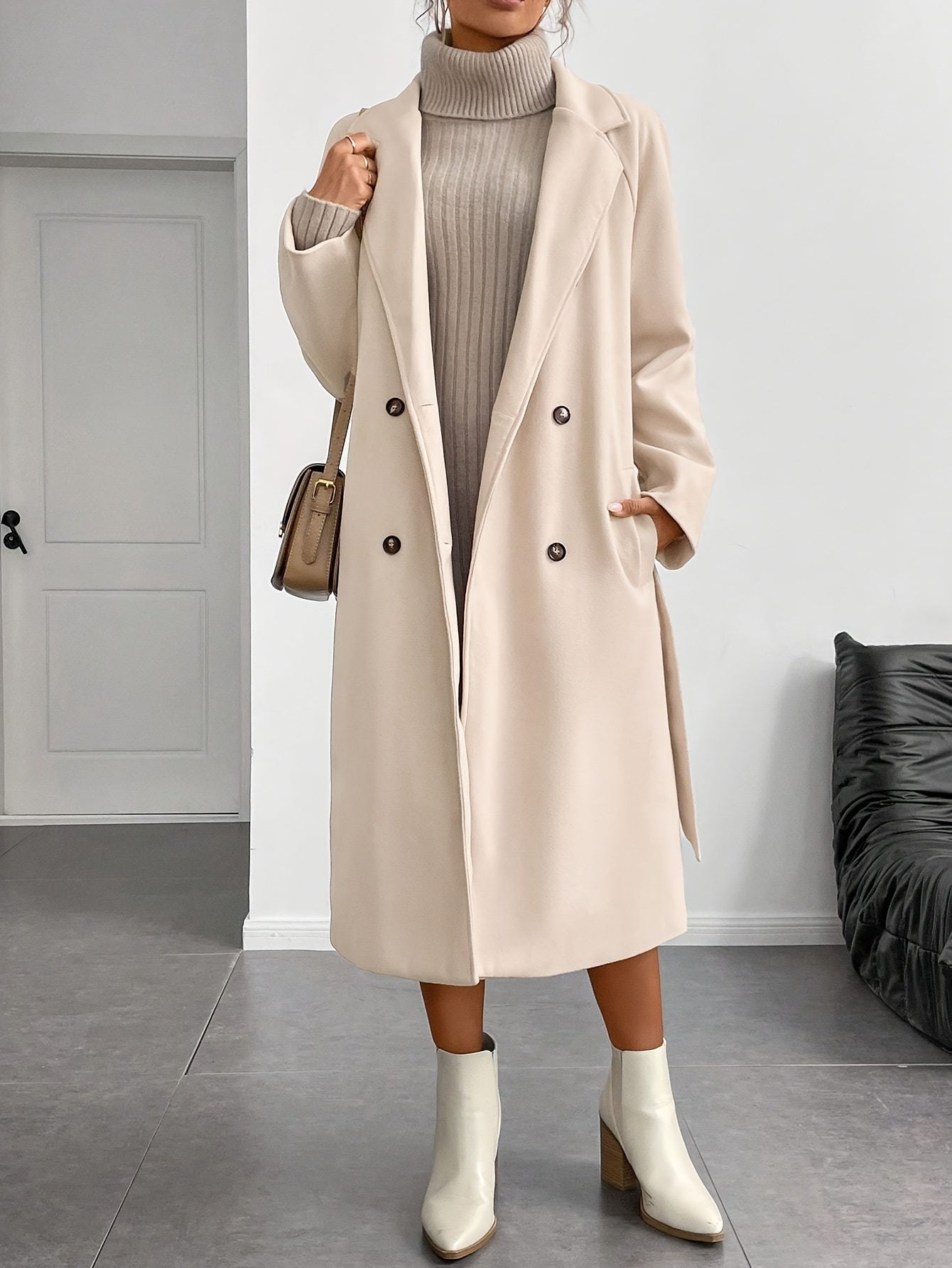 WL Boutique | Elegant Double-Breasted Long Coat with Belt