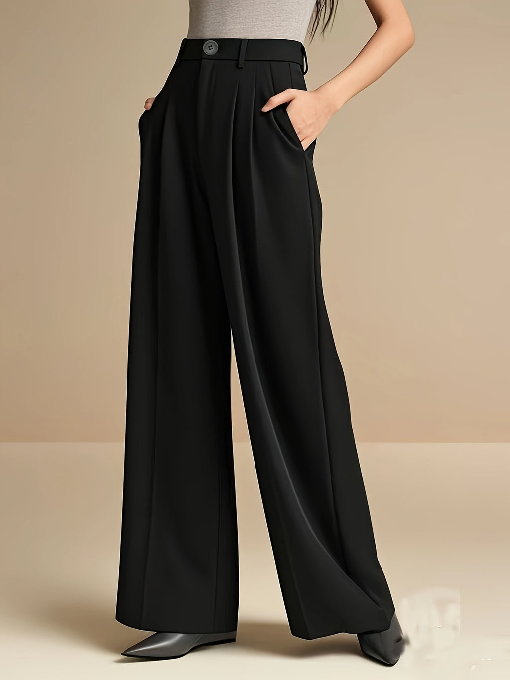 WL Boutique | Elegant Beige Wide-Leg Trousers with Zipper Detail