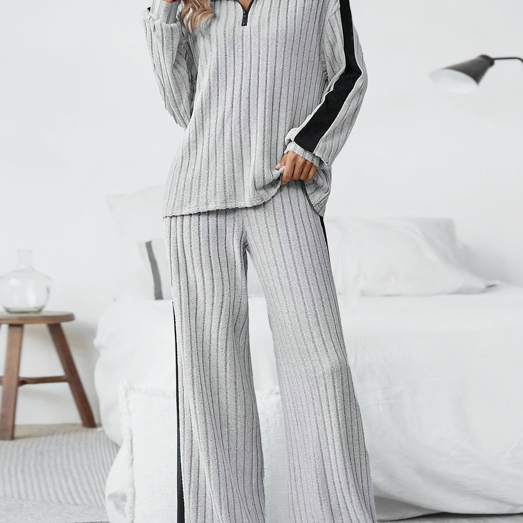 WL Boutique | Striped Collar Top &amp; Color-Block Wide-Leg Pants Set