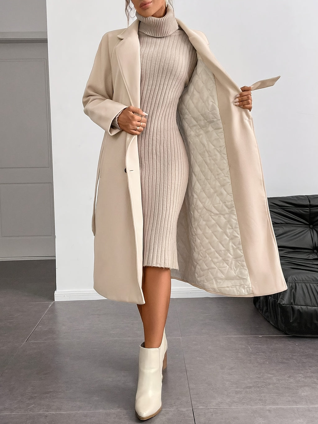 WL Boutique | Elegant Double-Breasted Long Coat with Belt