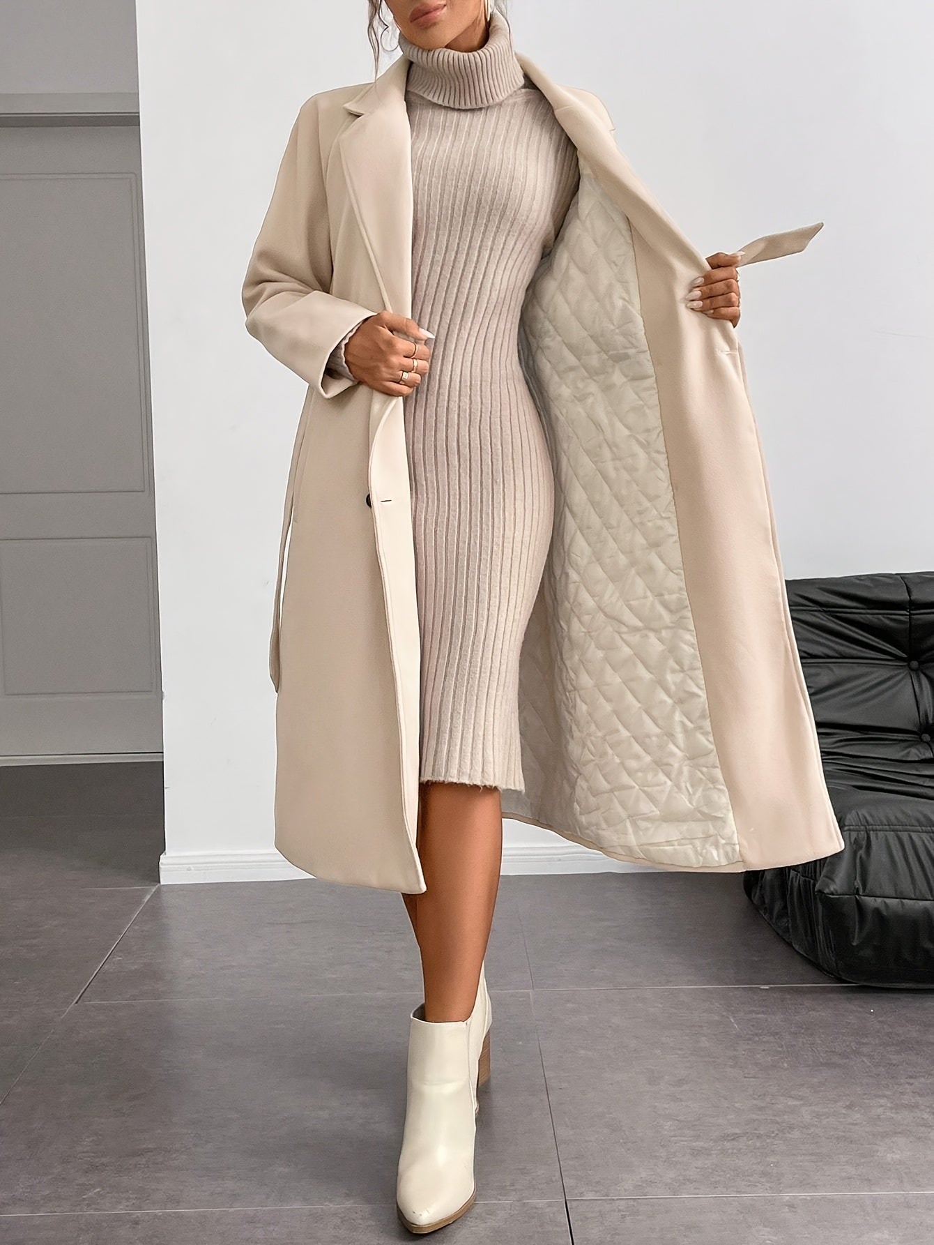 WL Boutique | Elegant Double-Breasted Long Coat with Belt